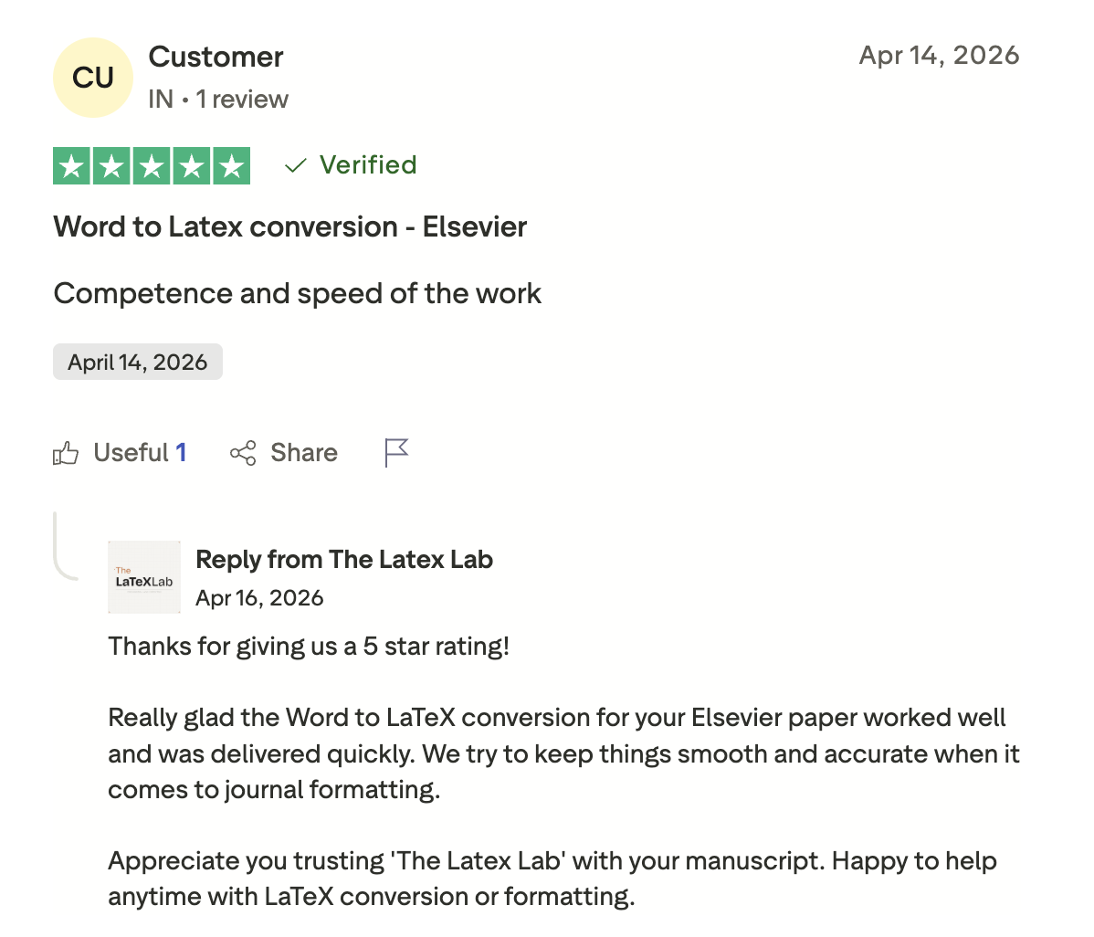 Trustpilot 5-star verified review: Competence and speed of the work — Elsevier Word to LaTeX.