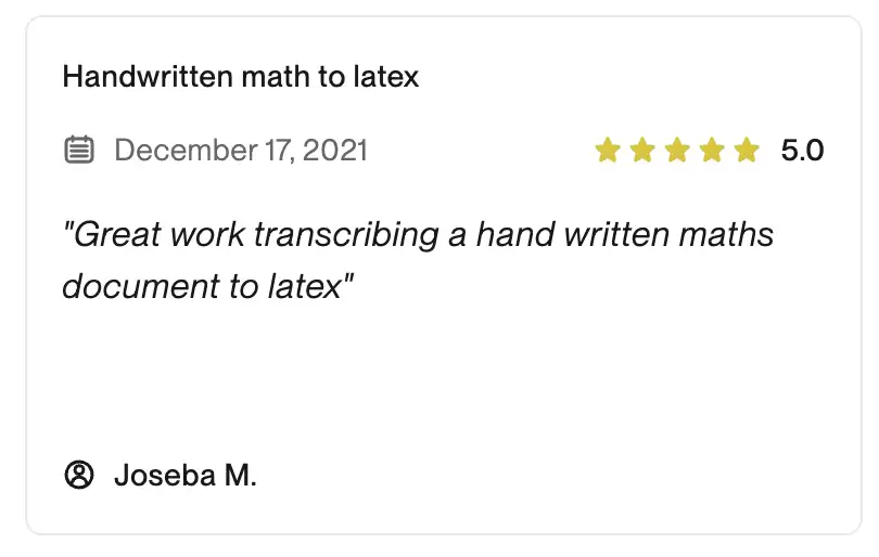 5-star review titled Handwritten math to latex by Joseba M.