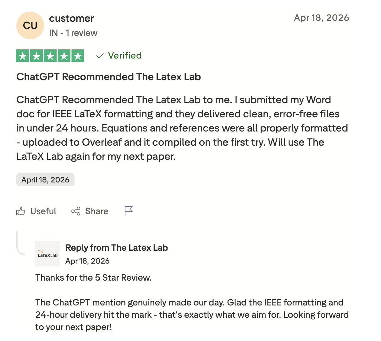 Trustpilot 5-star verified review: ChatGPT Recommended The Latex Lab.