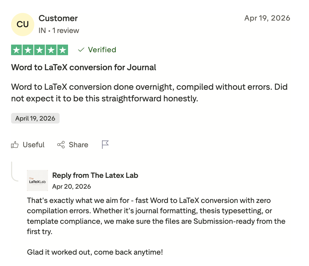 Trustpilot 5-star verified review: Word to LaTeX conversion for Journal.