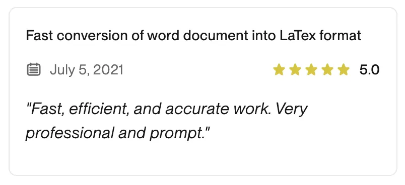 5-star review titled Fast conversion of word document into LaTex format.