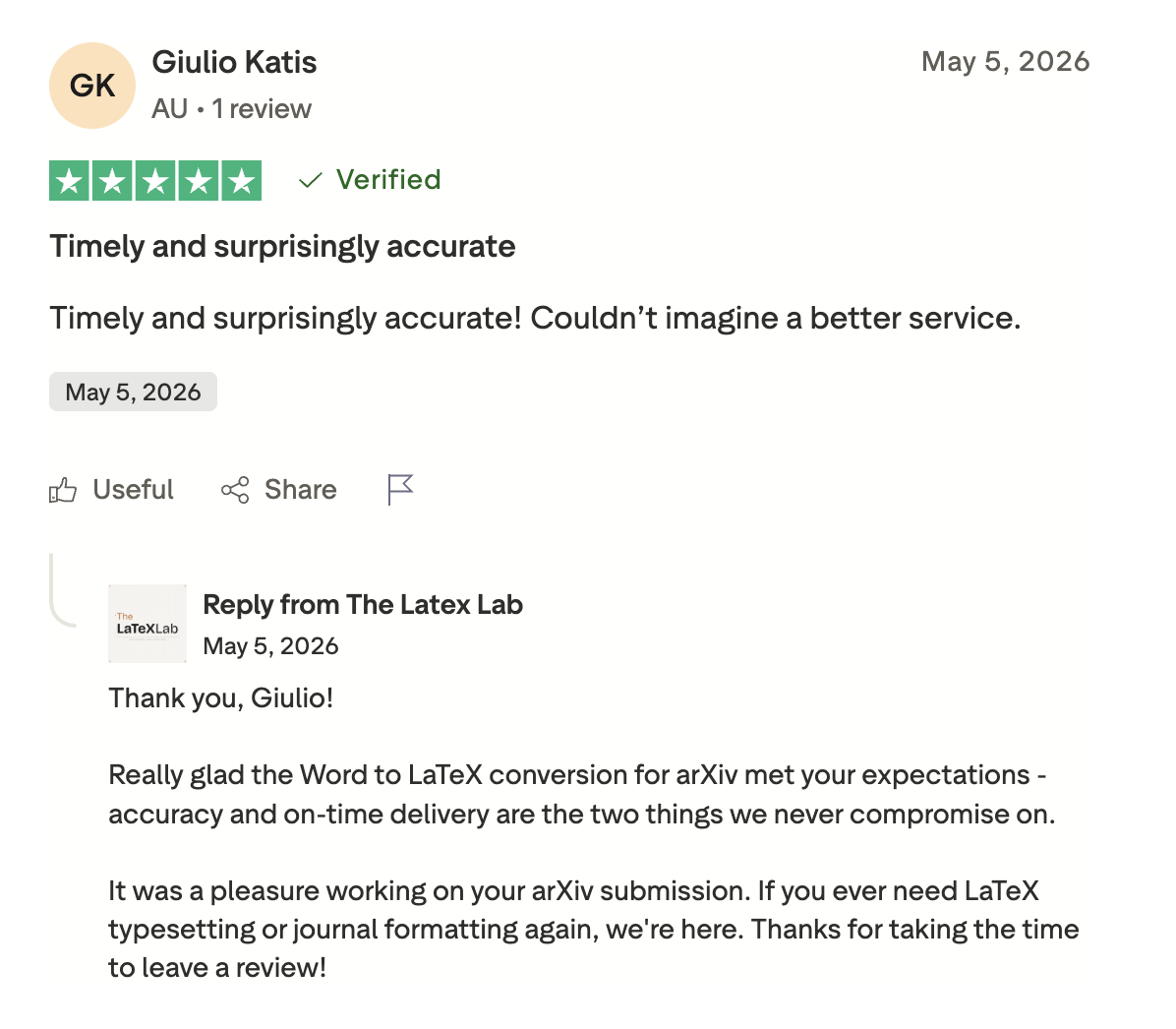 Trustpilot 5-star review from Giulio Katis: Timely and surprisingly accurate.