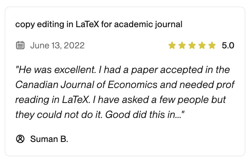 5-star review titled Copy editing in LaTeX for academic journal.