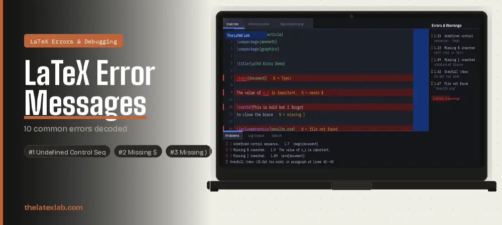 Screenshot of common LaTeX compilation error messages with red error highlighting in an Overleaf-style editor