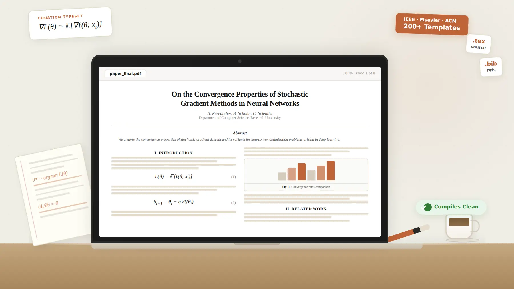 Professional LaTeX typesetting service - researcher's desk with a formatted LaTeX document on laptop screen