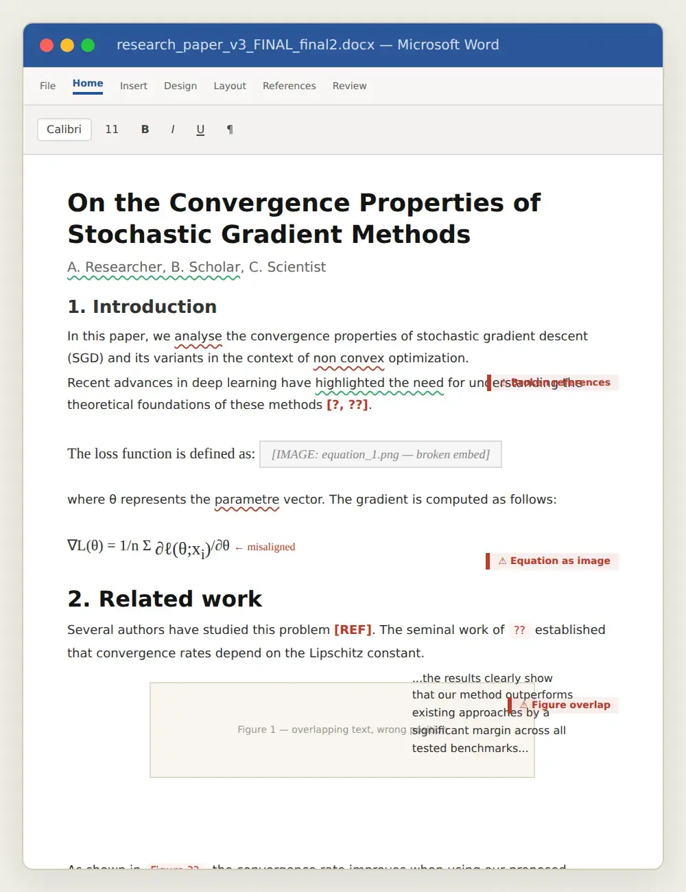 Before LaTeX typesetting - messy Word document with broken equations, formatting errors, and overlapping figures