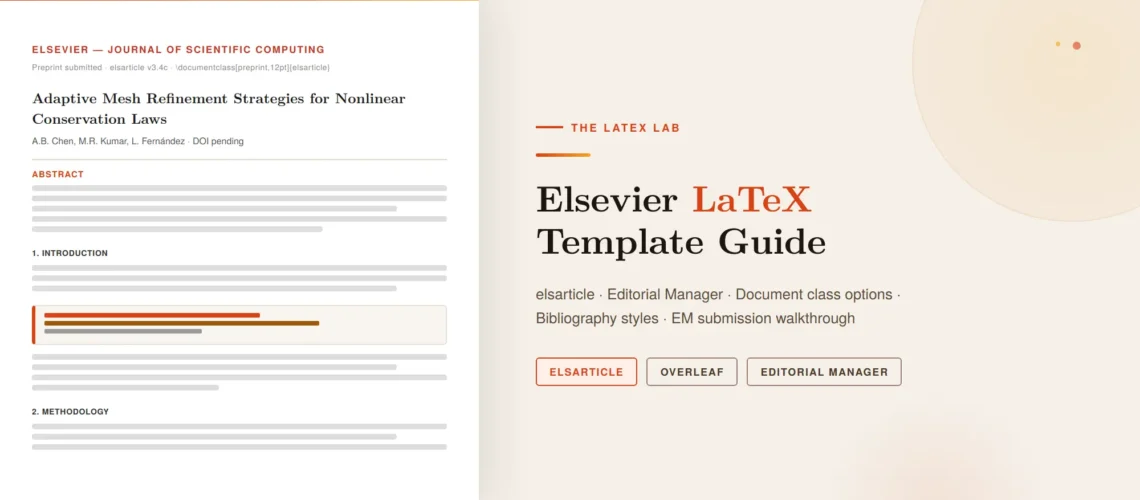 Elsevier journal paper formatted with elsarticle LaTeX template in Overleaf showing title page, abstract, and references