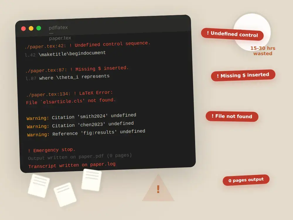 LaTeX compilation errors in terminal - undefined control sequence, missing packages, and broken references