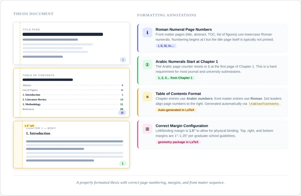 Annotated screenshot of a thesis PDF showing correct formatting elements