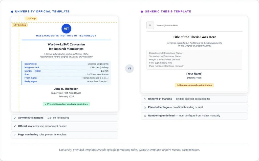 Side-by-side comparison showing an official university thesis template vs a generic thesis template, highlighting the differences in title page layout and margin configuration.