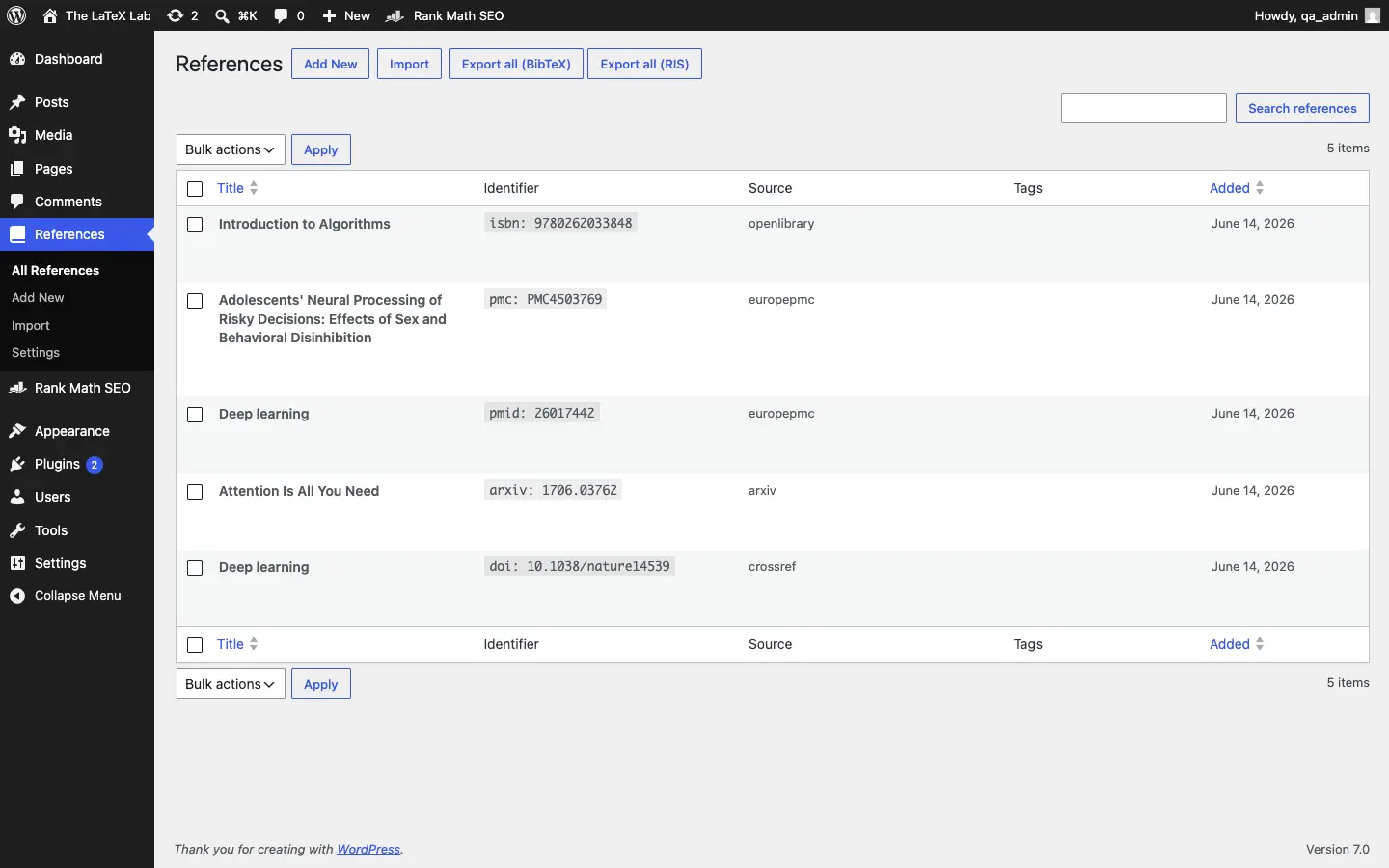 The References admin list with saved references, their identifiers and sources
