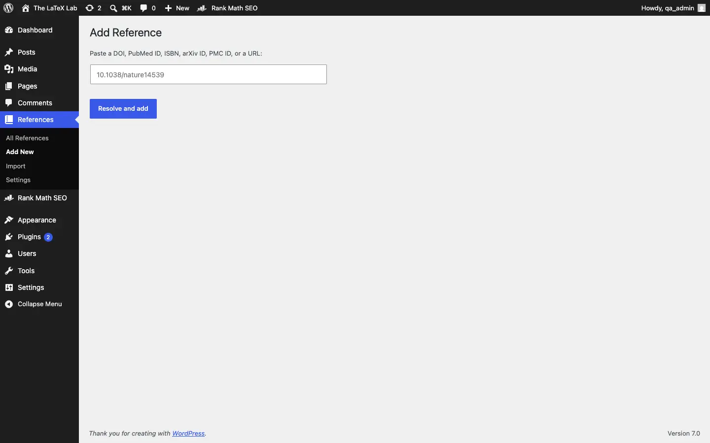 The Add Reference screen, where you paste a DOI, PubMed ID, ISBN, arXiv ID, or URL