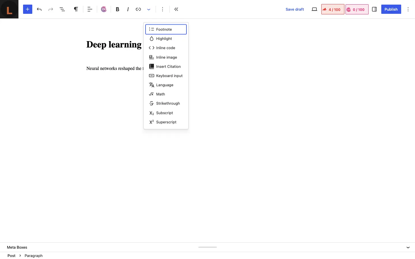 The block editor formatting toolbar More menu open, with Insert Citation listed