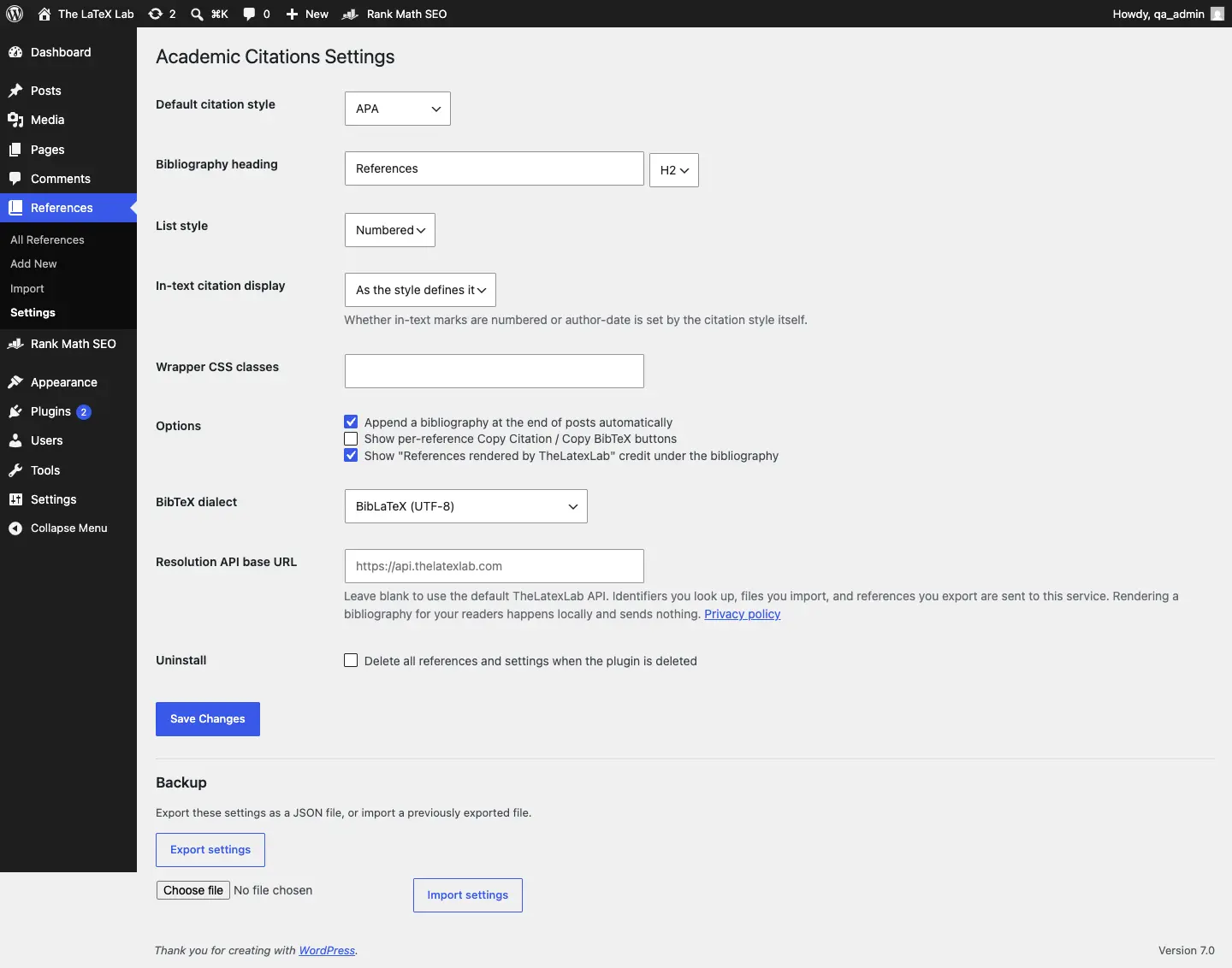 The plugin settings page with style, list, in-text, and display options