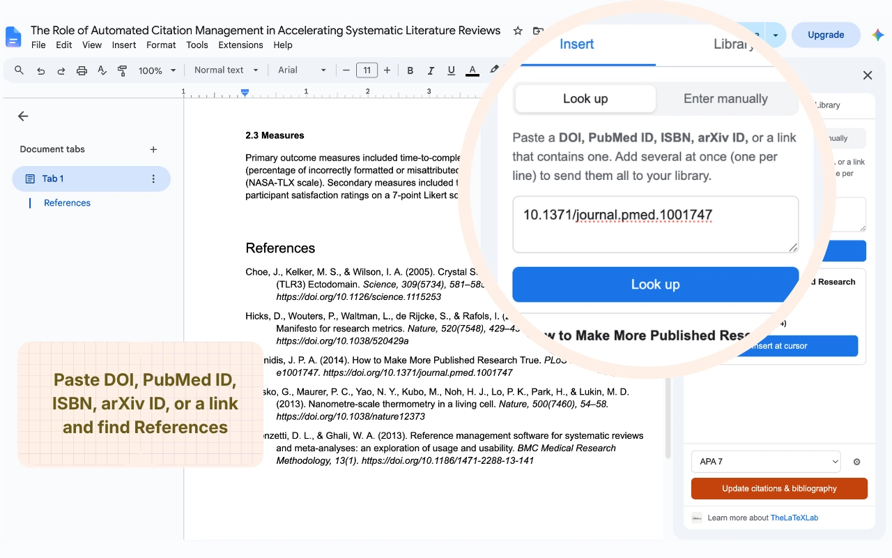 Looking up a reference by identifier in the add-on sidebar and previewing the result before inserting it
