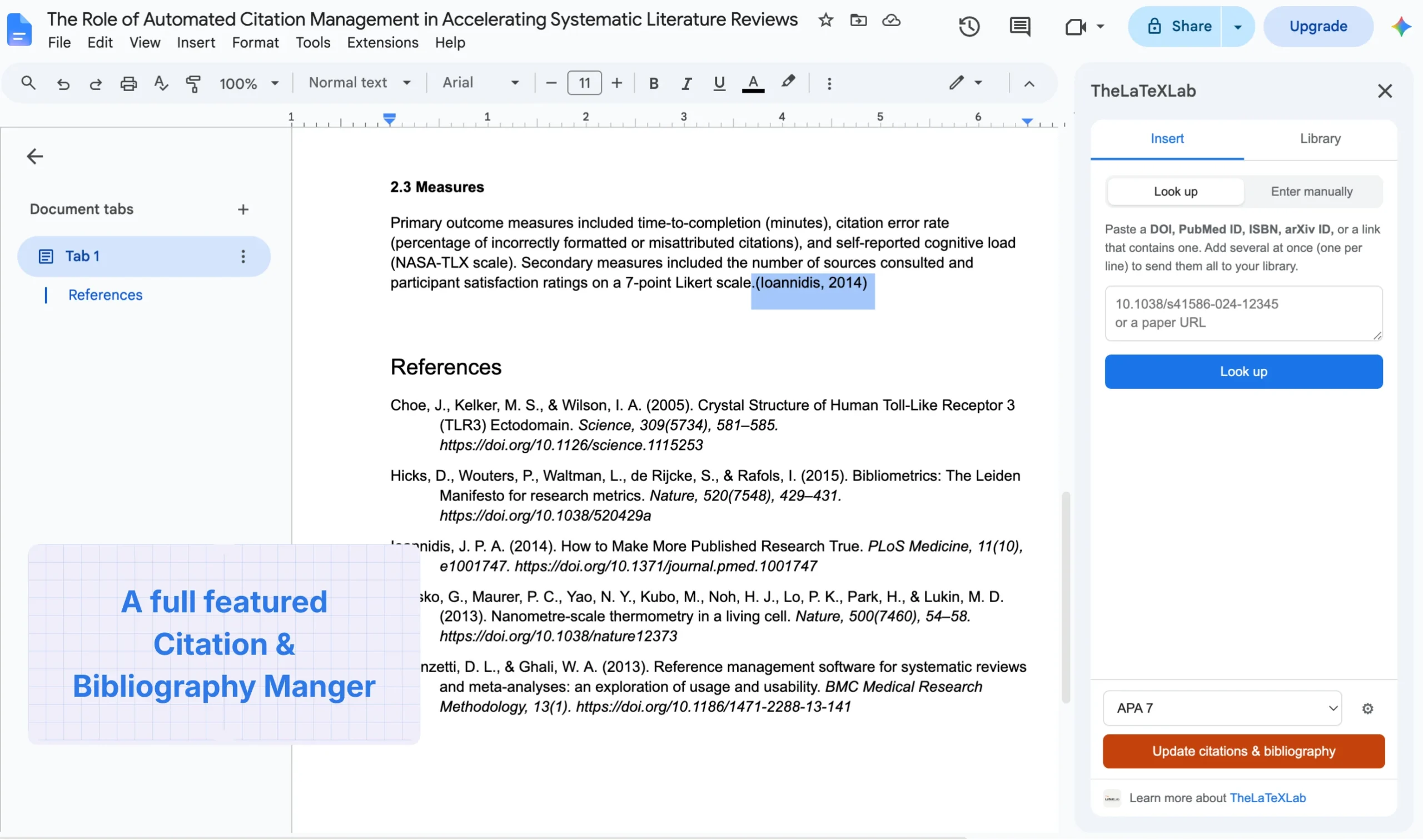 The TheLaTeXLab Citation Generator sidebar open in Google Docs, showing the Insert and Library tabs