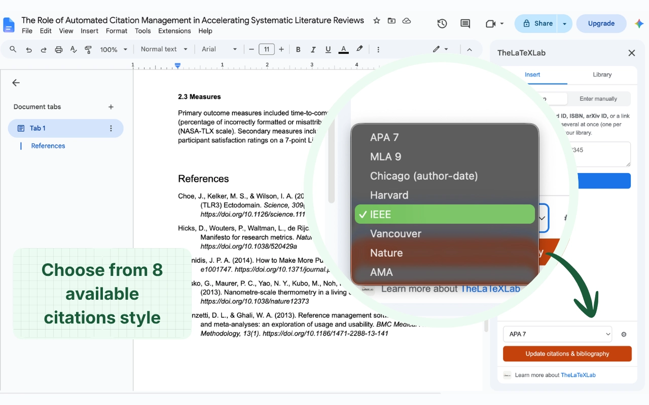 Choosing a citation style from the dropdown in the add-on sidebar, with APA 7, MLA 9, Chicago, Harvard, IEEE, Vancouver, Nature and AMA available