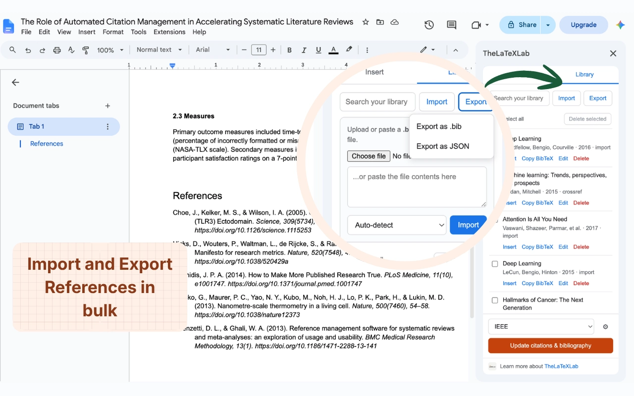 Importing a .bib, .ris, .enw or .nbib file into the add-on library and exporting the saved references back out