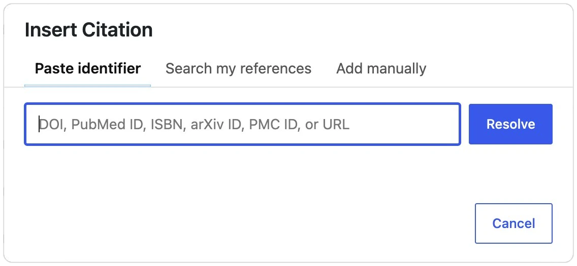 The Insert Citation popup with Paste identifier, Search my references, and Add manually tabs