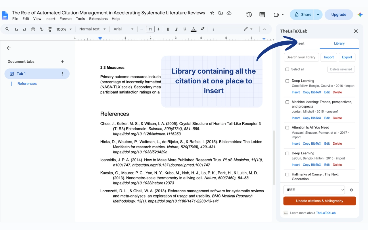 The reference library tab showing saved references with tags and per-row actions