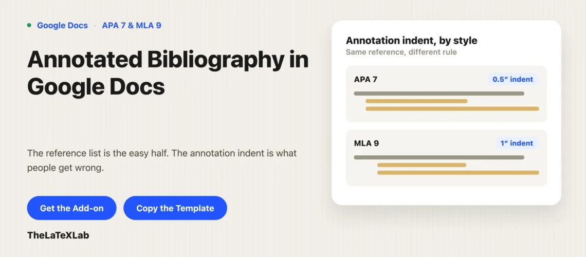 Annotated bibliography in Google Docs, showing APA 7 and MLA 9 annotation indent examples.
