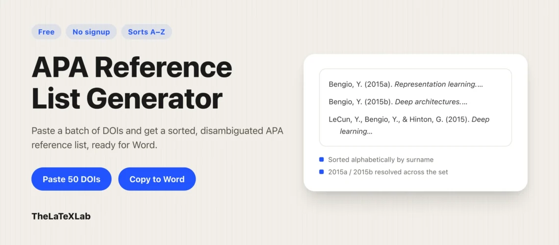 APA Reference list Generator tool interface showing an APA reference list