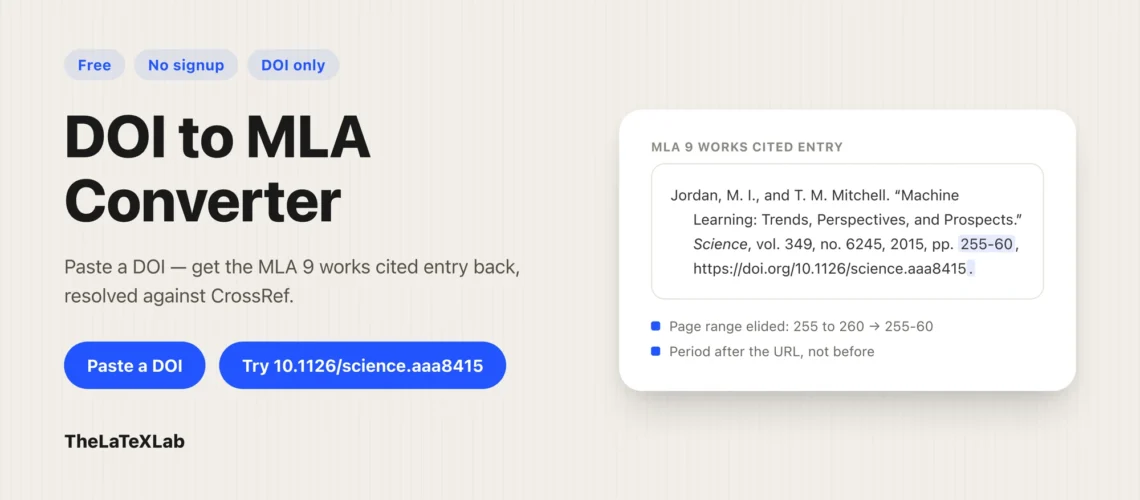 DOI to MLA Converter tool interface showing DOI input and MLA output.