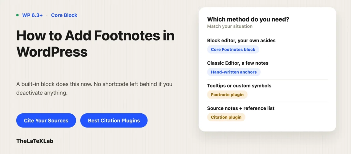 Featured image for 'How to Add Footnotes in WordPress' blog post from The LaTeX Lab, showing a card matching footnote methods to situations - the core Footnotes block for the block editor, hand-written anchors for Classic Editor, a footnote plugin for tooltips or custom symbols, and a citation plugin for source notes with a reference list.