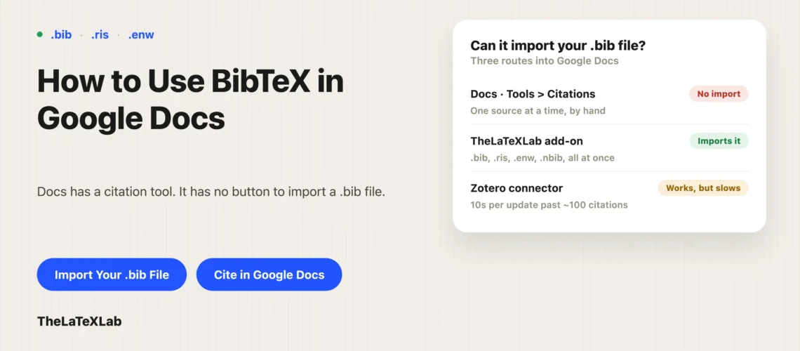 Featured image for a blog post about using BibTeX in Google Docs, showing a comparison of ways to import a .bib file, including TheLaTeXLab add-on, Zotero, and Google Docs citations.
