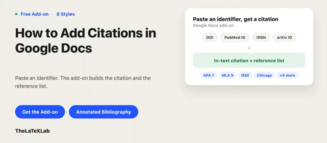 Featured image for 'How to add citation in google docs' blog post showing preview of citation from DOI, Pubmed, ISBN, arXiv.