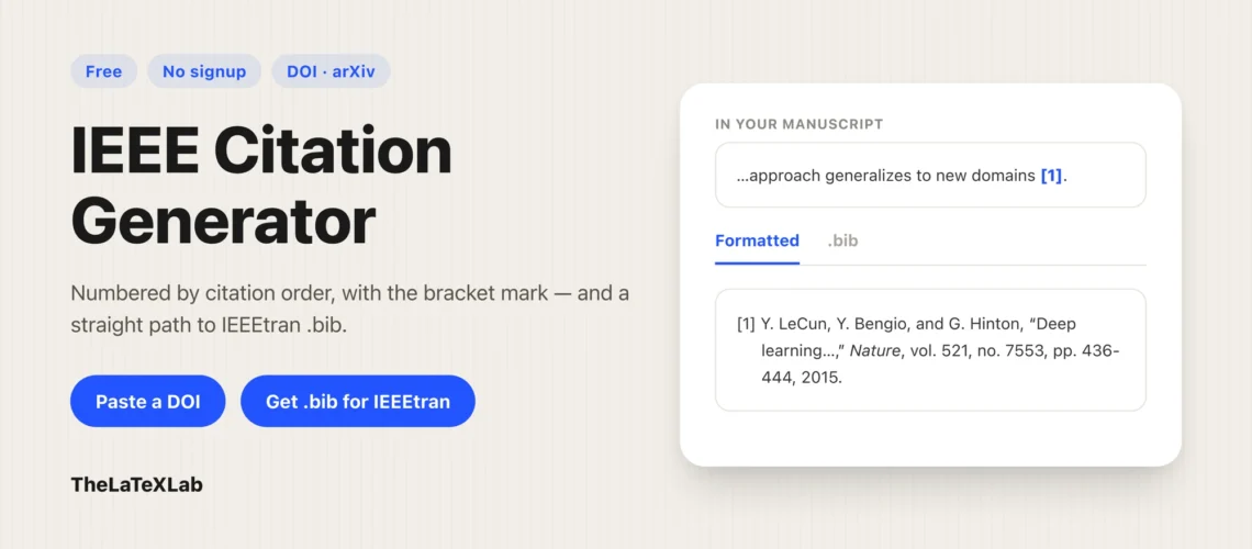 IEEE Citation Generator landing page showing DOI input, formatted citation preview, and IEEETran .bib export.