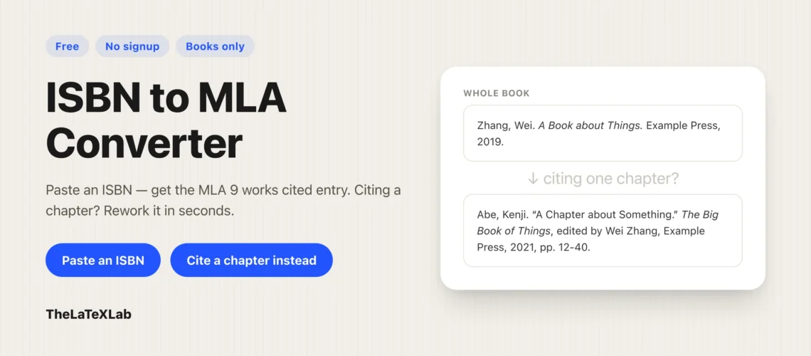 ISBN to MLA Converter landing page showing preview of ISBN input, MLA 9 works cited entry for a book output, and showing option for citing a chapter.