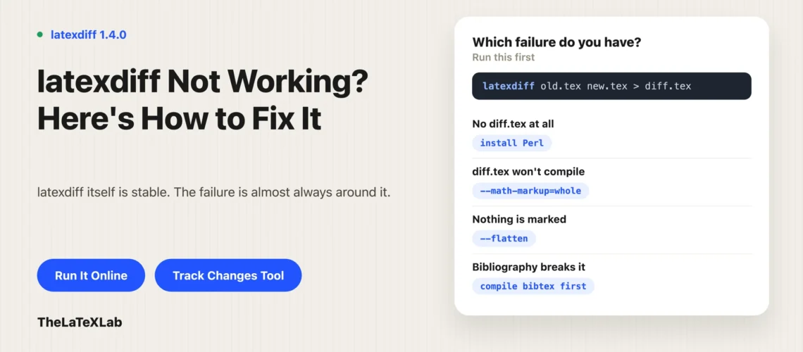 Featured image for a blog post about fixing latexdiff, with the headline “latexdiff Not Working? Here’s How to Fix It” and a troubleshooting panel listing common failure cases and fixes.