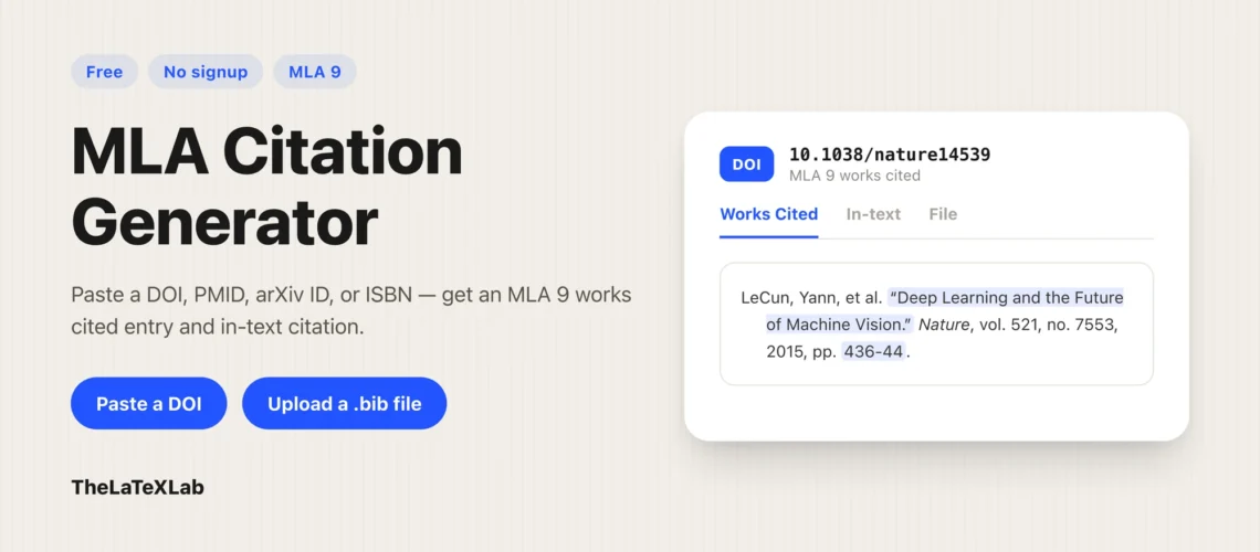 MLA Citation Generator landing page showing DOI input, MLA 9 works cited and in-text citation output, and .bib file upload.