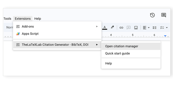 Extensions → TheLaTeXLab Citation Generator → Open citation manager