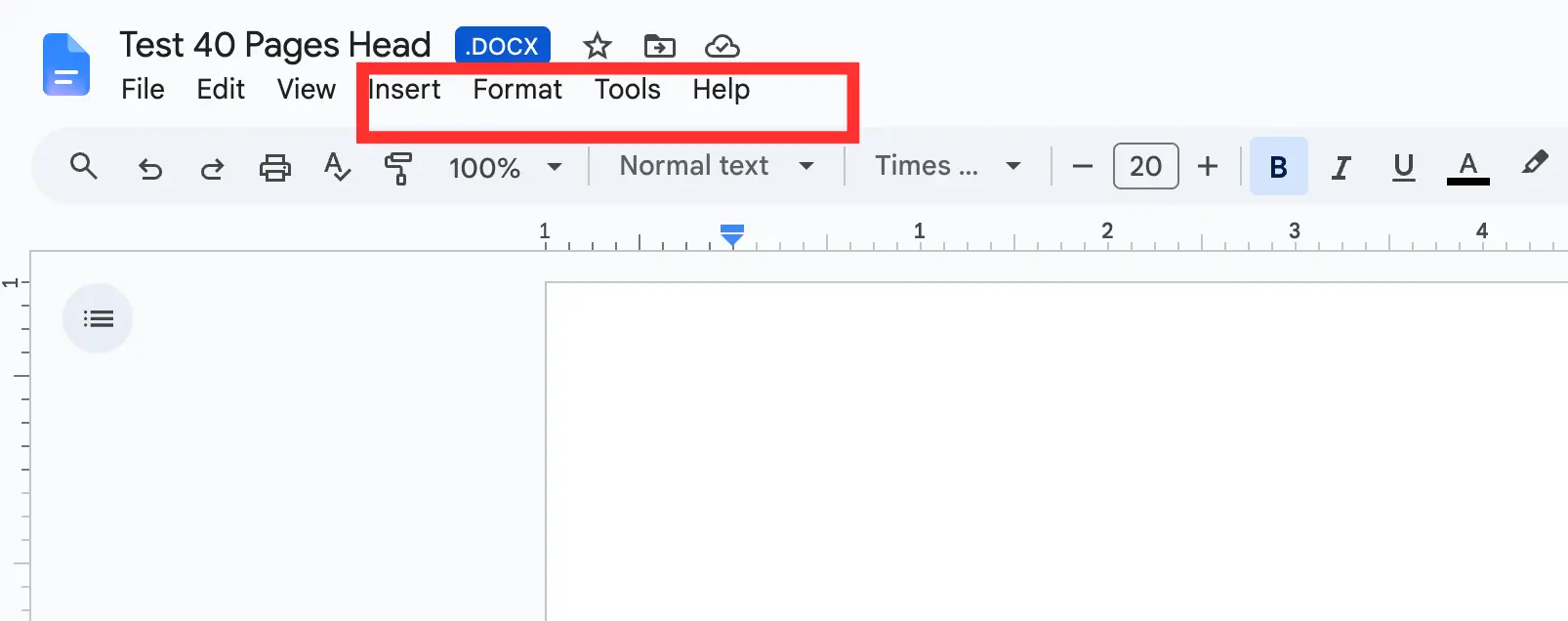 Extensions menu missing from the Google Docs menu bar when a .docx file is open