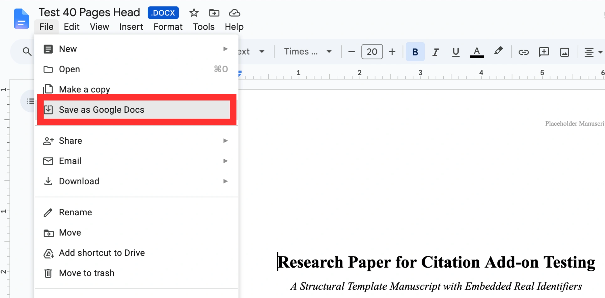 File menu with Save as Google Docs highlighted
