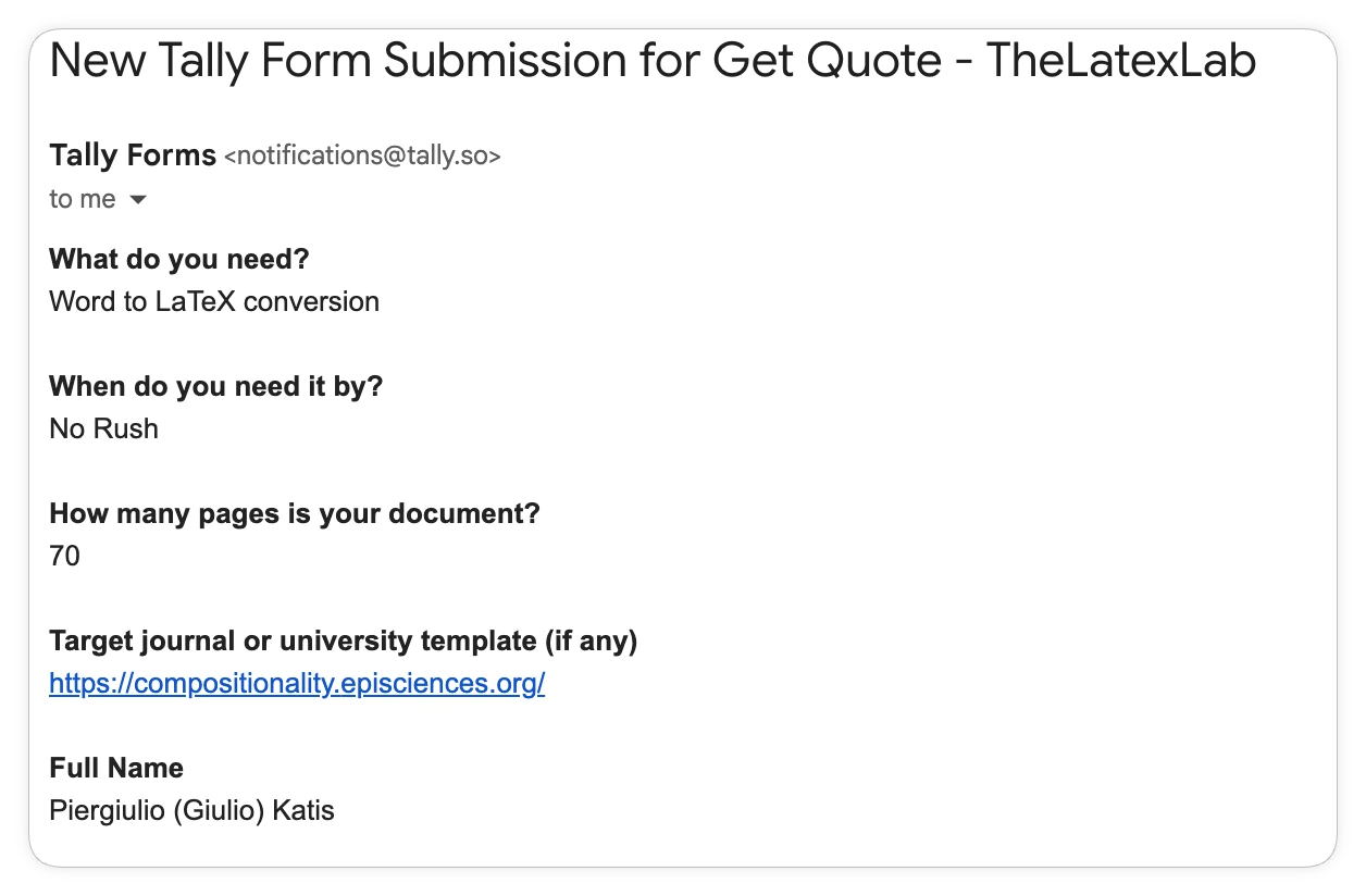 Quote form submission: Word to LaTeX conversion, no rush, with the page count and target template redacted at the client's request
