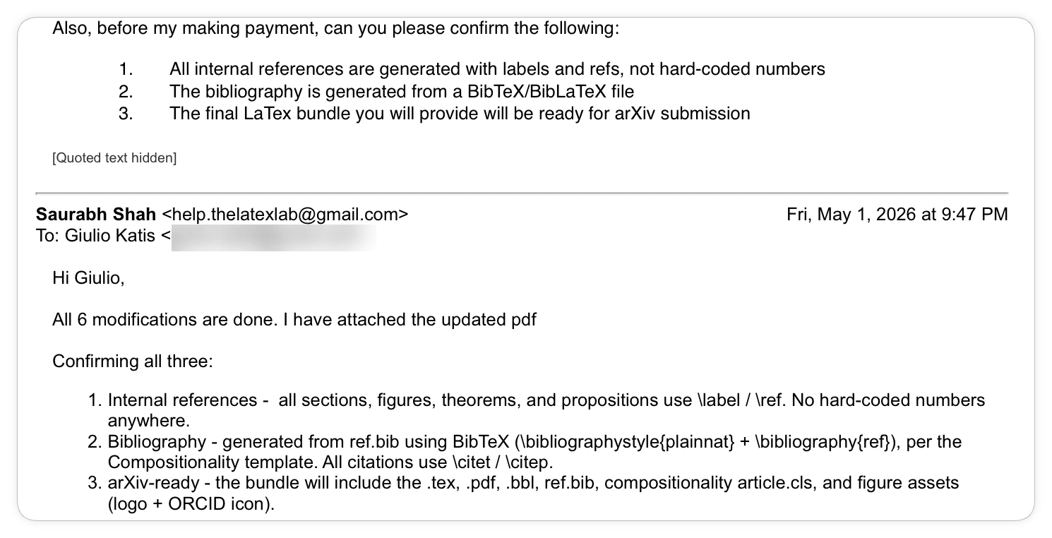 Email exchange: the client's questions about labels, refs and BibTeX, and the point-by-point reply confirming each one