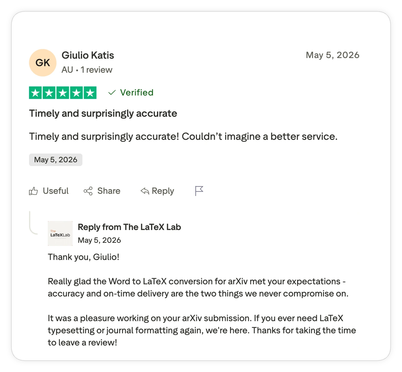Verified five-star Trustpilot review from Giulio Katis titled Timely and surprisingly accurate