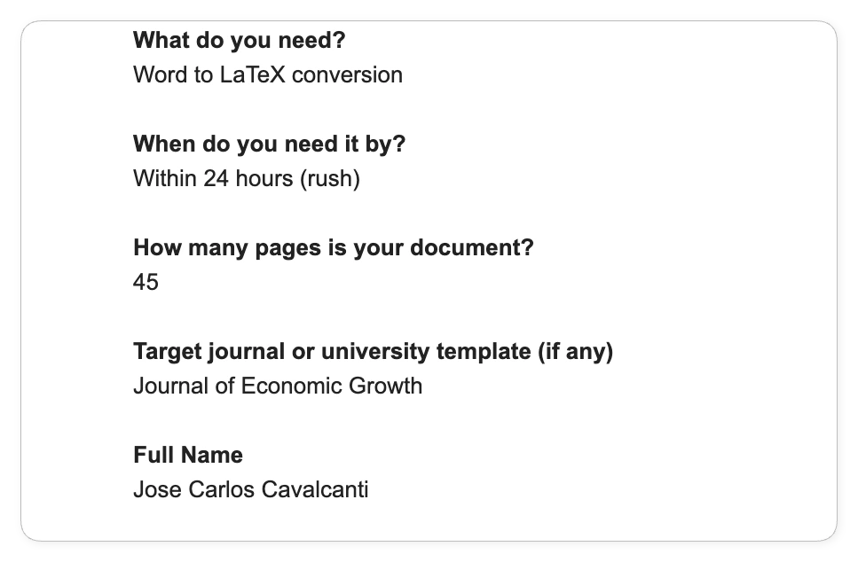 Quote form submission: Word to LaTeX conversion, within 24 hours (rush), 45 pages, target journal template