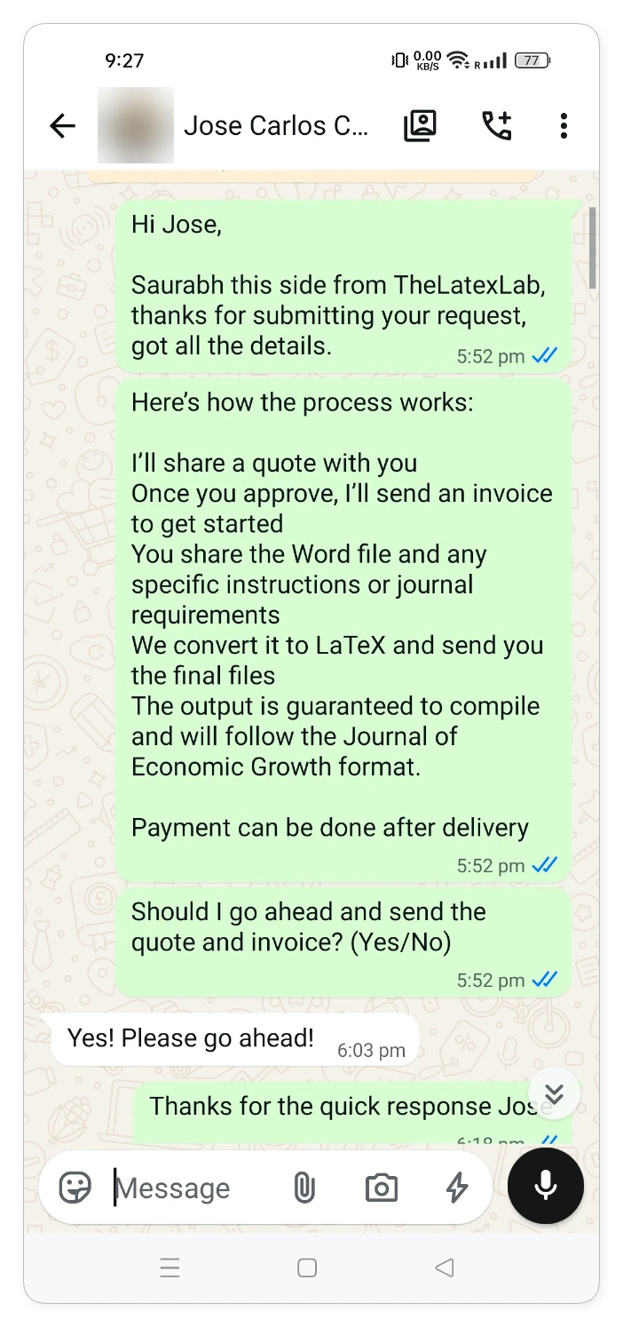 WhatsApp message setting out the process: quote, invoice, file handover, conversion, delivery, payment after delivery