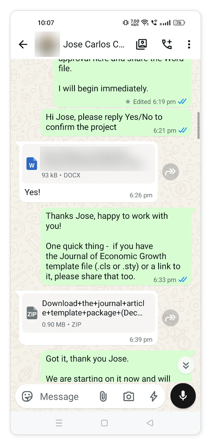 WhatsApp handover: the Word manuscript arrives, followed by a request for the journal template .cls or .sty file and the template package in reply