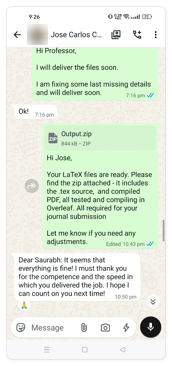 WhatsApp delivery message with the output zip attached, and the client's reply thanking us for the competence and speed of the work