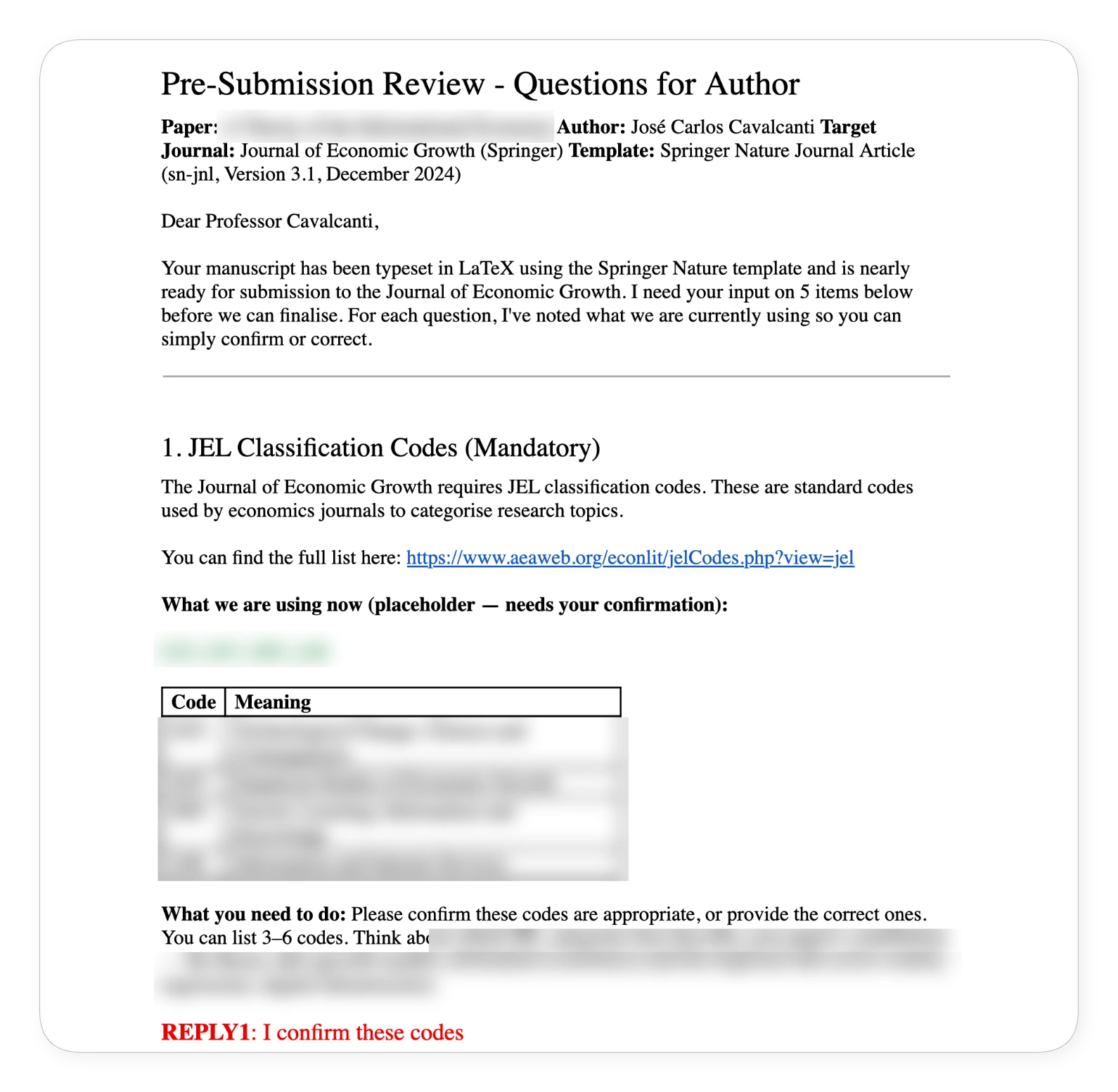 First page of the pre-submission review document sent to the author, showing question 1 on classification codes with the required action and the author's reply. Paper title and research-specific content are blurred.