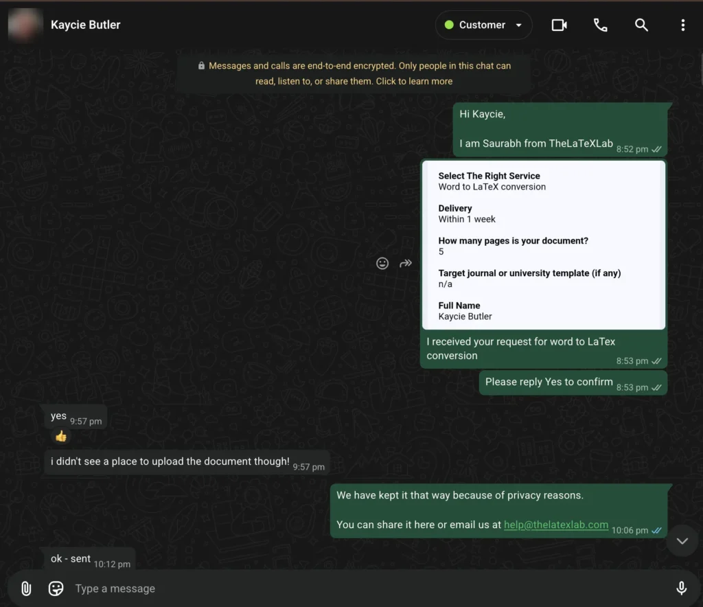 First Conversation screenshot between Kaycie Butler and TheLaTeXLab support team