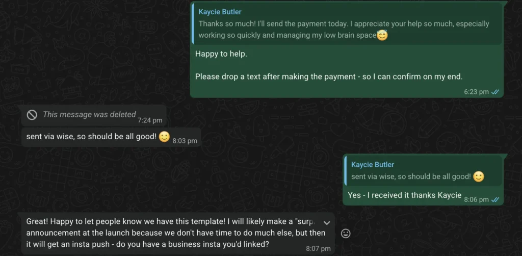 WhatsApp messages after delivery, with the client thanking us for the work and planning to announce the template at her launch