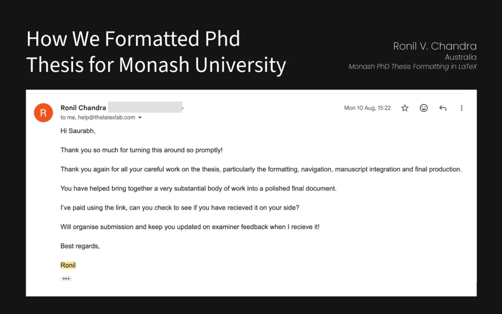 Monash PHD Thesis LaTeX Formatting case study featuring client review