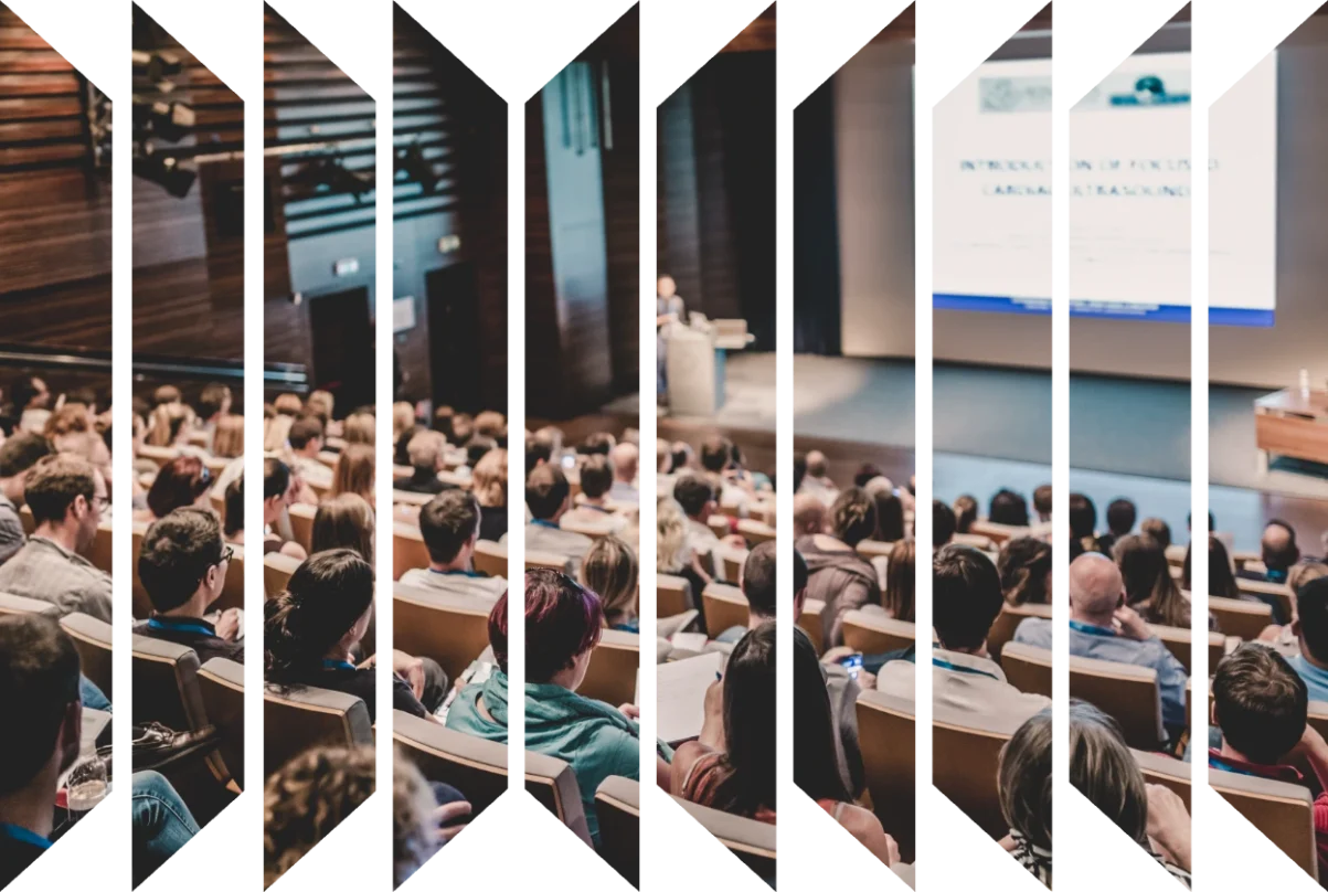 Audience in a lecture hall watching a presentation projected on a large screen