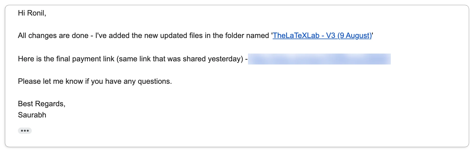 Delivery email confirming all requested changes were completed and the updated files added to the shared folder